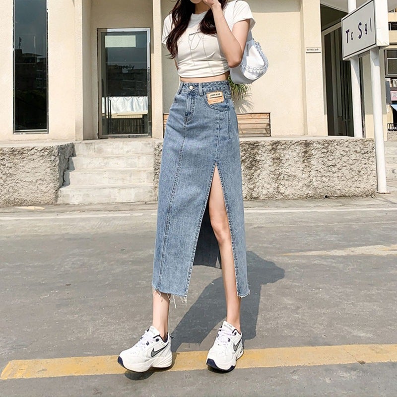 Side Slit Denim Skirt Women'S Ins Style Design High Waist Skirt A- Line Girl Hip Mid-Length Skirt - Image 1
