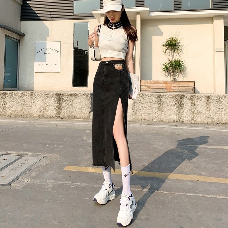 Side Slit Denim Skirt Women'S Ins Style Design High Waist Skirt A- Line Girl Hip Mid-Length Skirt - Image 4