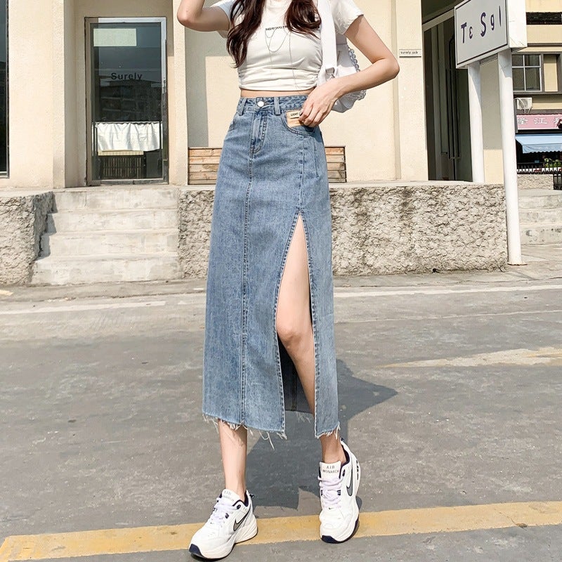 Side Slit Denim Skirt Women'S Ins Style Design High Waist Skirt A- Line Girl Hip Mid-Length Skirt - Image 3