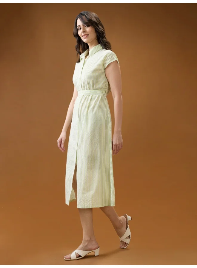 globus Globus Women Green Collared Neck Extended Sleeves Striped Midi Workwear Shirt Dress With Belt