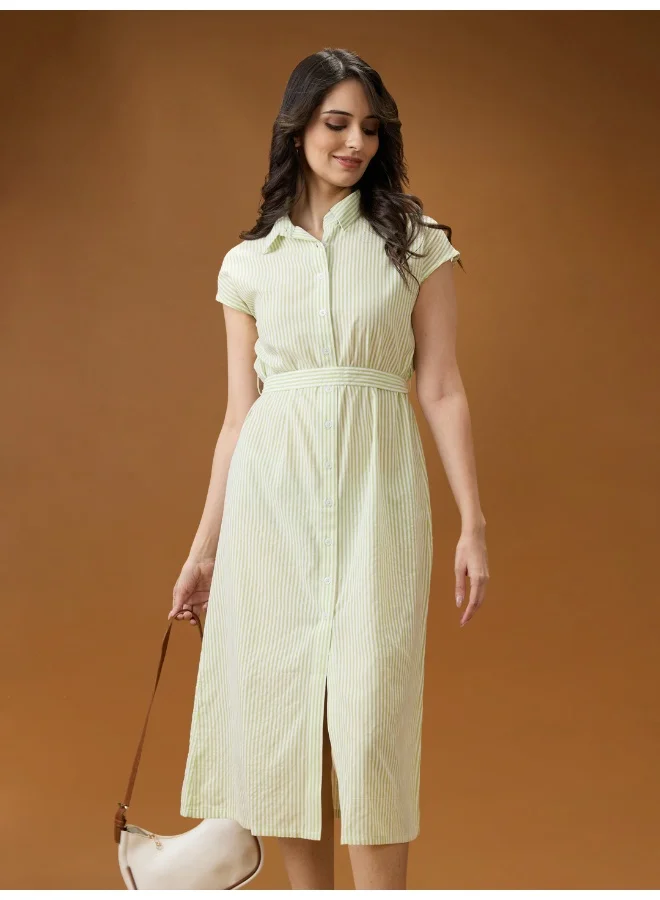 globus Globus Women Green Collared Neck Extended Sleeves Striped Midi Workwear Shirt Dress With Belt