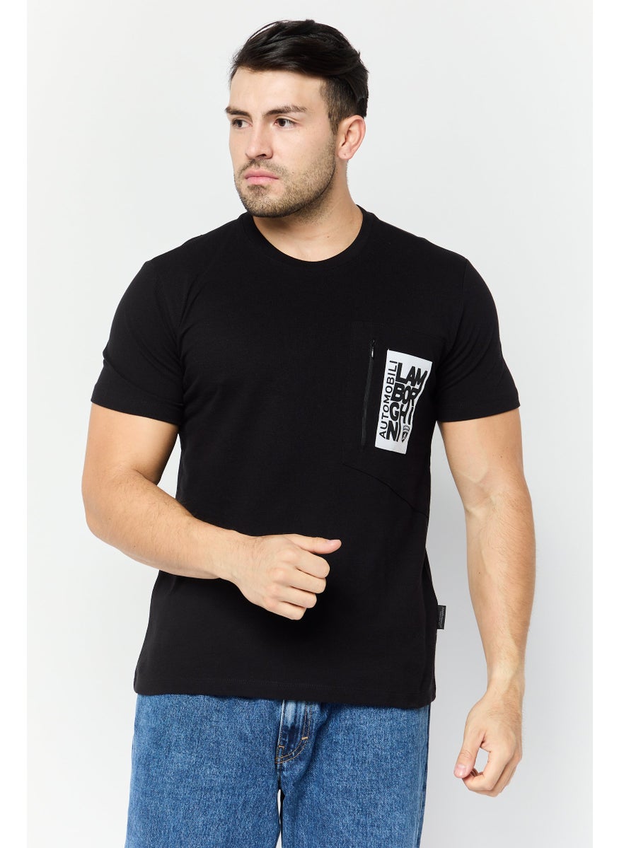 LAMBORGHINI Men Crew Neck Brand Logo T-Shirt, Black  - Image 1