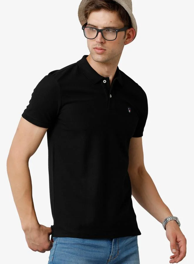 FERVORO Men Black Plain Cotton Polo