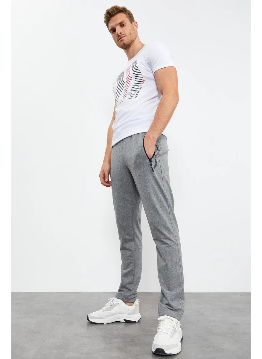Tommy Life Gray Melange Men's Zipper Pocket Text Detailed Standard Pattern Classic Leg Tracksuit Bottom-84744