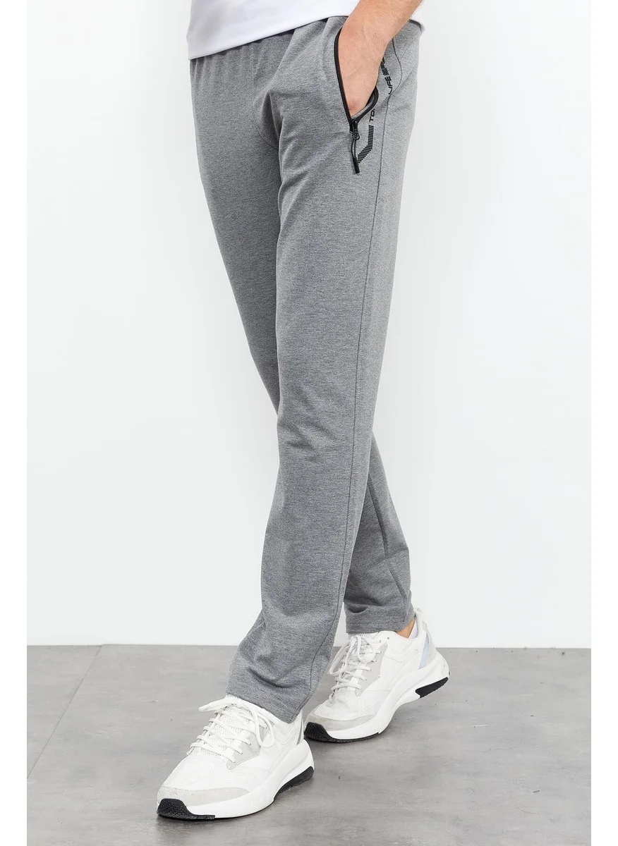 Tommy Life Gray Melange Men's Zipper Pocket Text Detailed Standard Pattern Classic Leg Tracksuit Bottom-84744