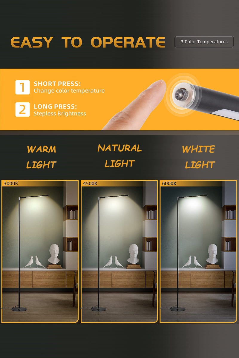 Floor Lamp LED Modern Standing Reading Light Metal Base, 3 Color & Stepless Brightness Dimmer for Living Room Corner Lamp, Office Task Light - Image 2