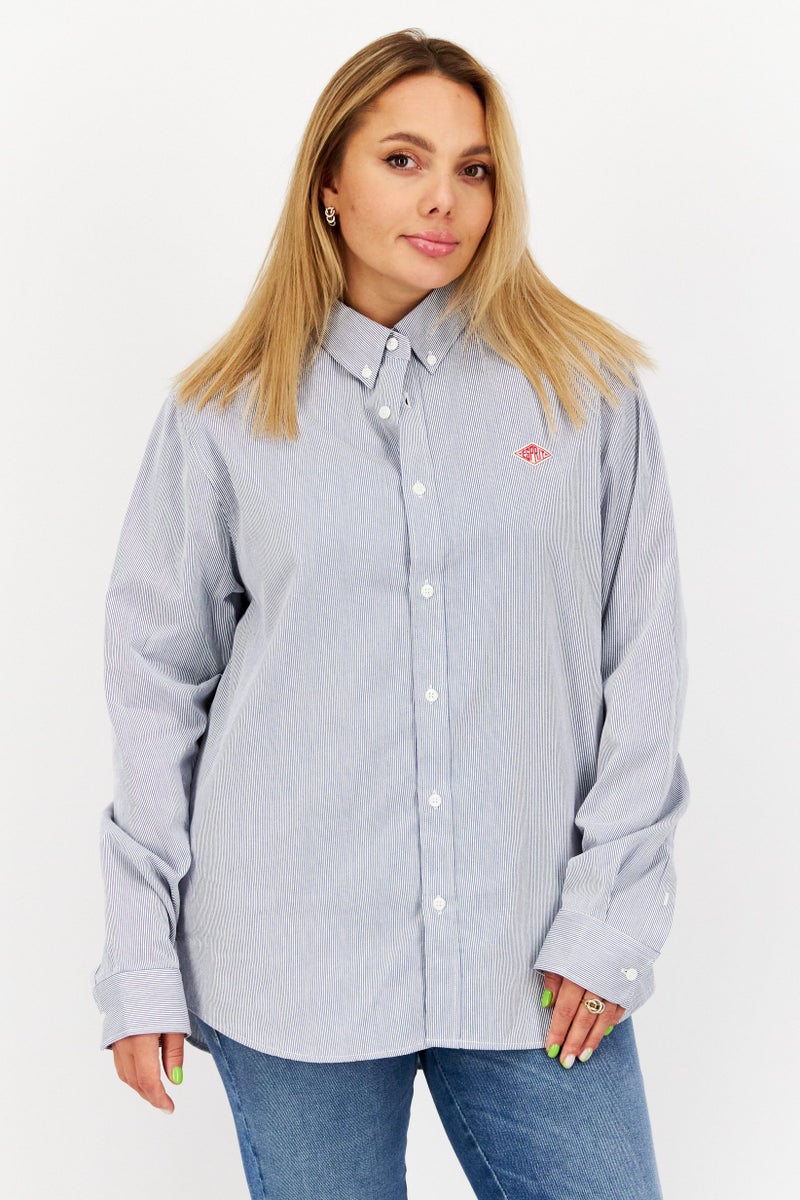 ESPRIT قميص كاجوال مزخرف بخطوط بأكمام طويلة وقصة بياقة بأزرار للنساء، أزرق - Image 1