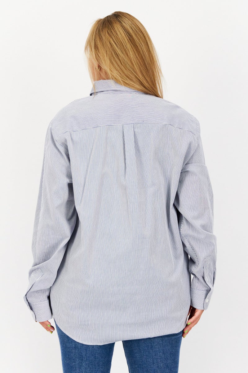 ESPRIT قميص كاجوال مزخرف بخطوط بأكمام طويلة وقصة بياقة بأزرار للنساء، أزرق - Image 2