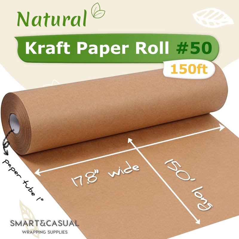 SMART&CASUAL 17.8"Ã—1,800"(150') Brown Kraft Wrapping Paper for Craft Gift Bulletin Board Banner Bouquet Flower Table Covering Packing Shipping Moving 70GSM 50LB - Image 2