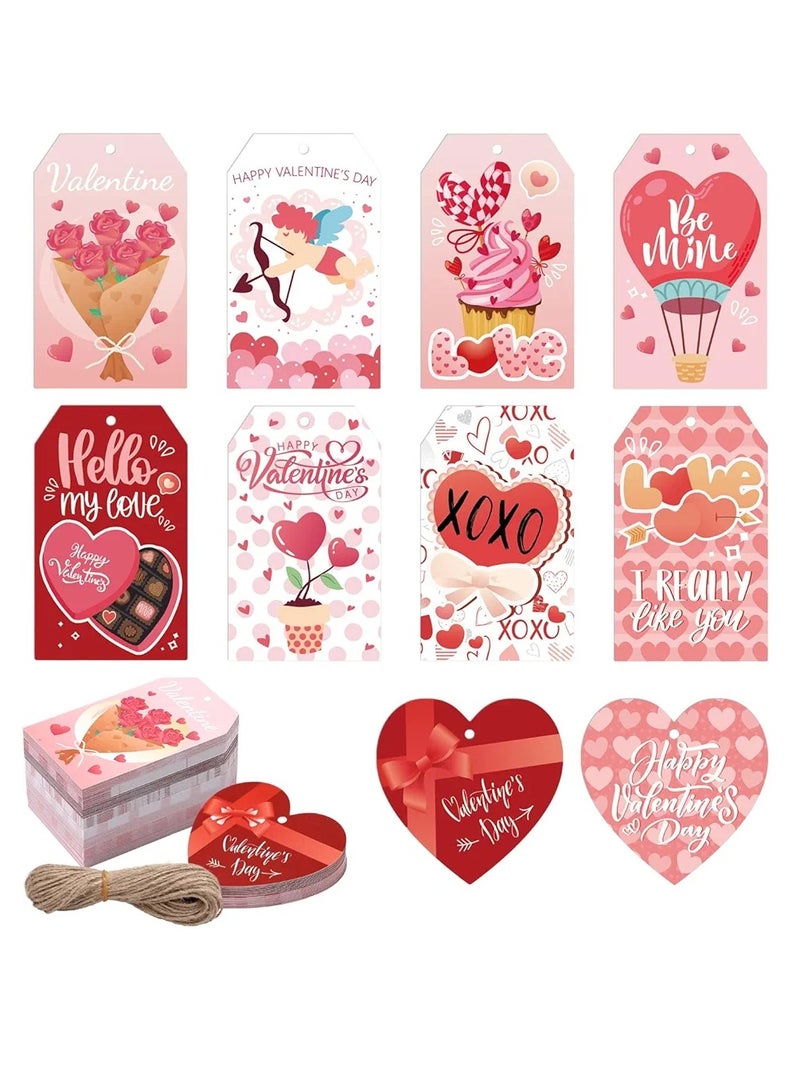 100pcs Valentine's Day Gift Tags, 10 Styles 2 Shapes Valentines Tags with String Love Heart Tags Labels with Hole Gift Wrap Tag Hanging Paper Ornaments for Wedding Party Crafts - Image 1