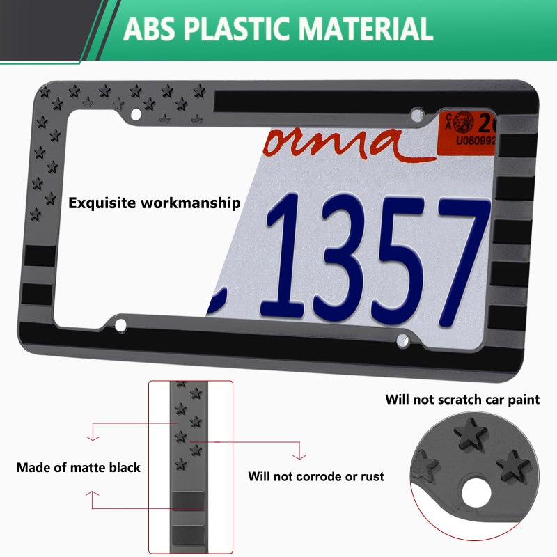 NJNYLLC Black American Flag License Plate Frame- Front Rear Patriotic USA â€ŒCar Tag Frames, 2 Pack 4 Hole Subdued 3D Embossed Stars and Stripes Plastic Holder with Mounting Hardware Kit - Image 2