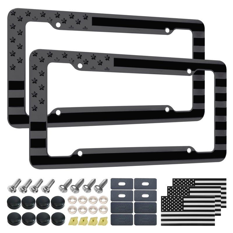 NJNYLLC Black American Flag License Plate Frame- Front Rear Patriotic USA â€ŒCar Tag Frames, 2 Pack 4 Hole Subdued 3D Embossed Stars and Stripes Plastic Holder with Mounting Hardware Kit - Image 1