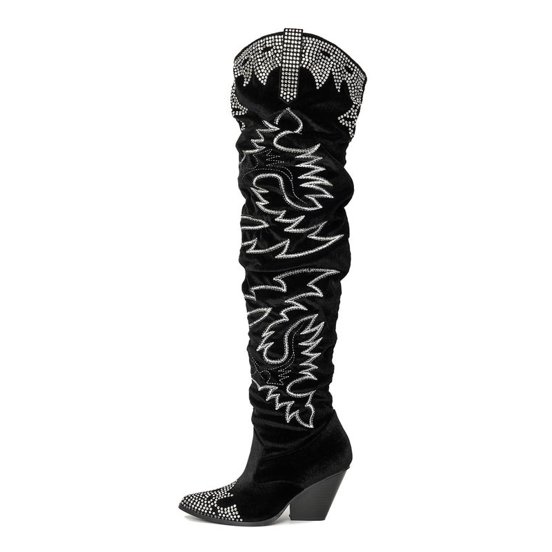 Cape Robbin Women's Rhinestone Embroidered Cowboy Boots Thigh High Slouchy Wide Calf Pull On Over The Knee Boots with Memory Foam Insole & 3 Inch Heel (Lish) Black 8 - Image 1