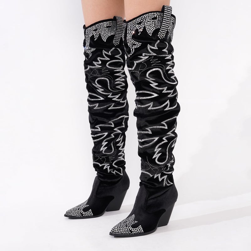 Cape Robbin Women's Rhinestone Embroidered Cowboy Boots Thigh High Slouchy Wide Calf Pull On Over The Knee Boots with Memory Foam Insole & 3 Inch Heel (Lish) Black 8 - Image 5