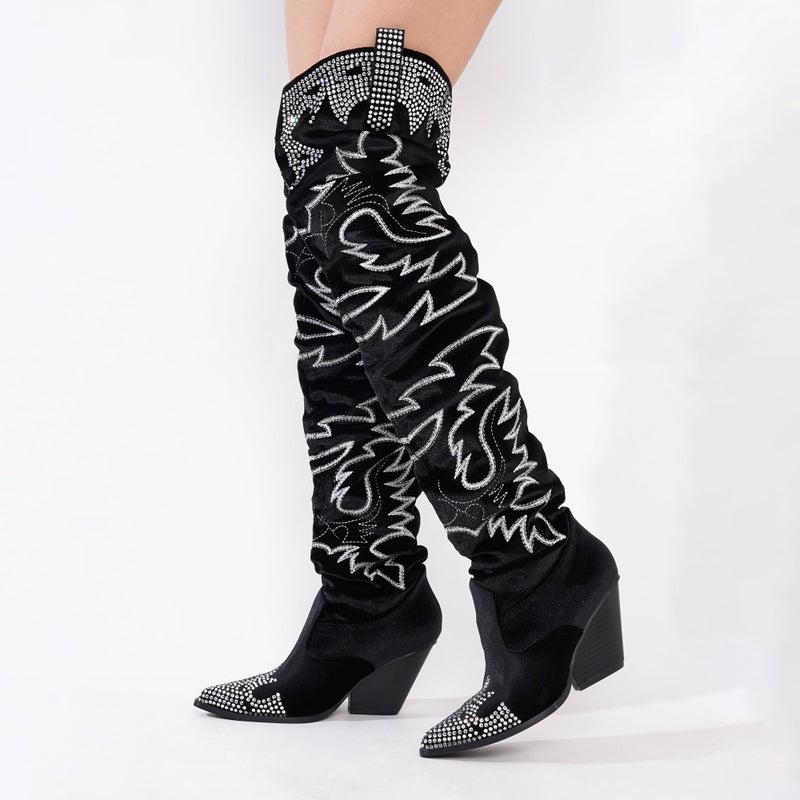 Cape Robbin Women's Rhinestone Embroidered Cowboy Boots Thigh High Slouchy Wide Calf Pull On Over The Knee Boots with Memory Foam Insole & 3 Inch Heel (Lish) Black 8 - Image 4