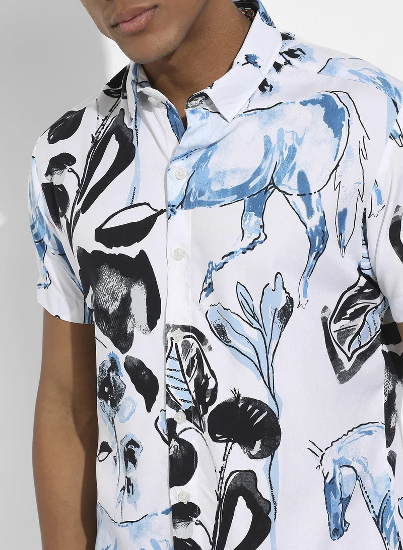 Campus Sutra Men's Black & Blue Foliage Horse Shirt
