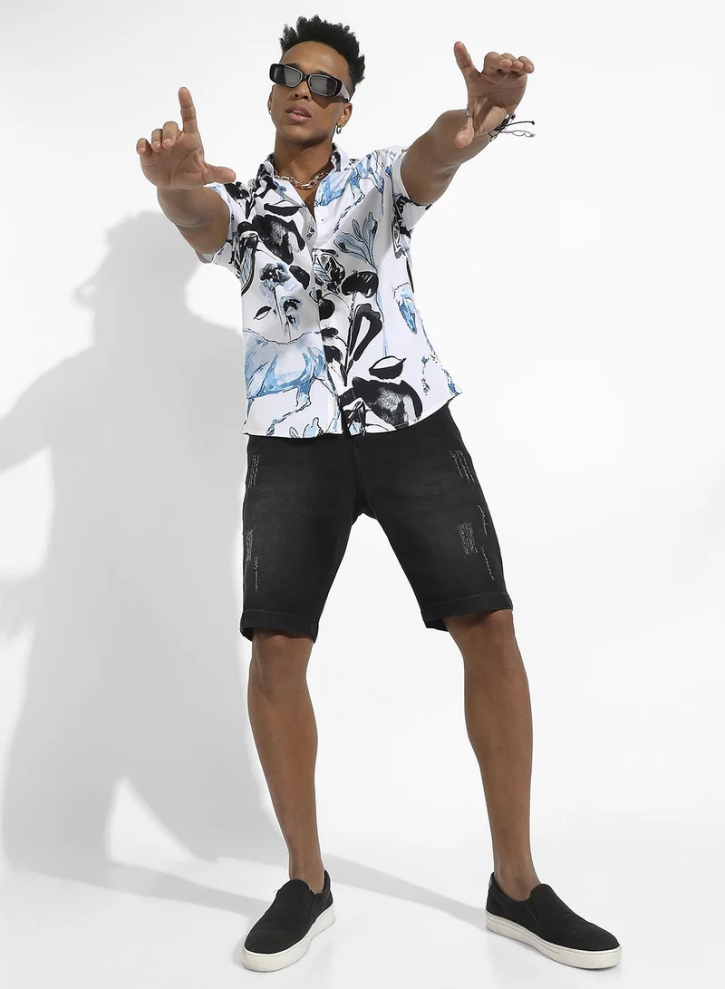 Campus Sutra Men's Black & Blue Foliage Horse Shirt