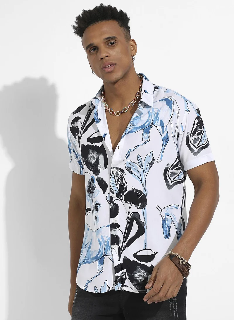 Campus Sutra Men's Black & Blue Foliage Horse Shirt