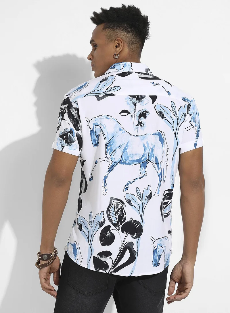 Campus Sutra Men's Black & Blue Foliage Horse Shirt