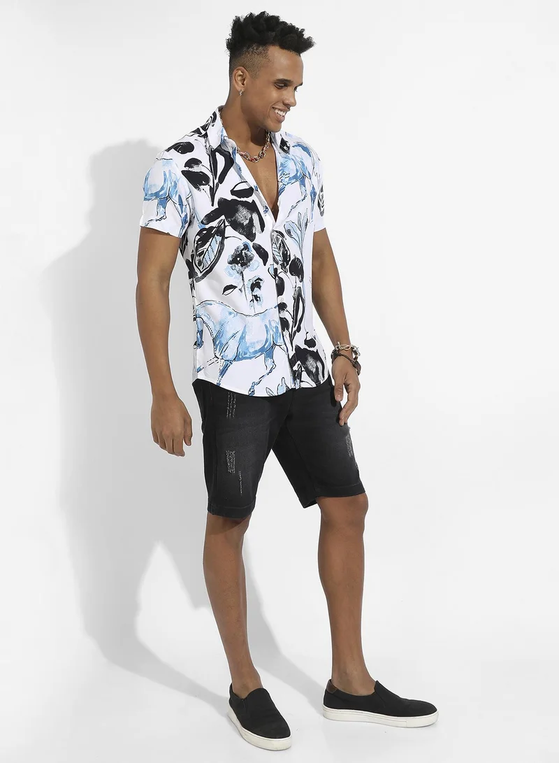Campus Sutra Men's Black & Blue Foliage Horse Shirt