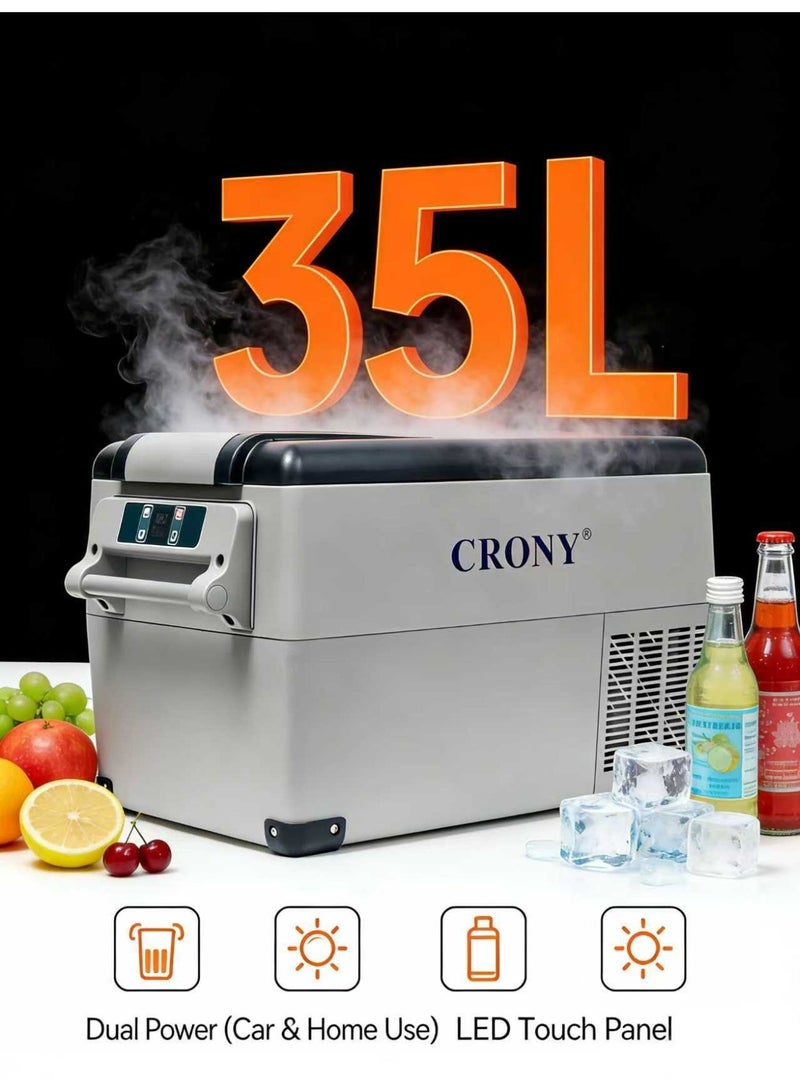 كروني ثلاجة سيارة محمولة CRONY CF35 سعة 35 لترًا. ثلاجة بمنطقتين حراريتين. نطاق درجة حرارة المجمد: من -20 درجة مئوية إلى 20 درجة مئوية. مناسبة لتخزين المشروبات والأطعمة. مزودة بحماية لبطارية السيارة، وإضاءة LED، وسلال تخزين. مثالية للتخييم والسفر والرحلات البرية والاستخدام الخارجي. - Image 1