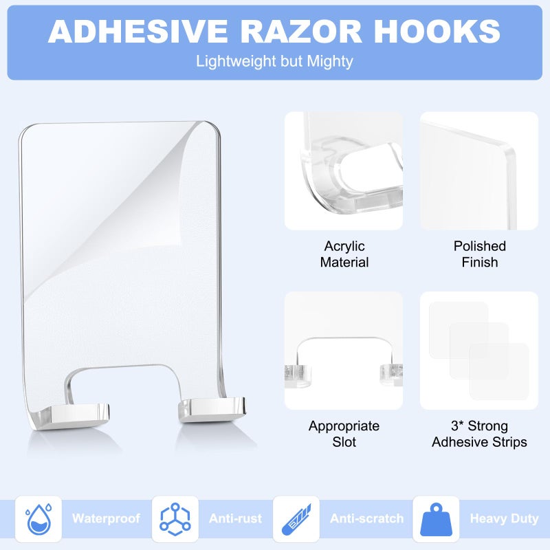 VIS'V Adhesive Razor Holder, Wall Mount Shower Razor Hooks for His and Hers, Acrylic, Waterproof, Clear, 2 Pcs - Image 3