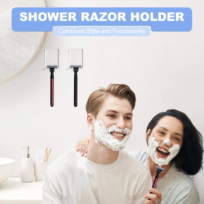 VIS'V Adhesive Razor Holder, Wall Mount Shower Razor Hooks for His and Hers, Acrylic, Waterproof, Clear, 2 Pcs - Image 2