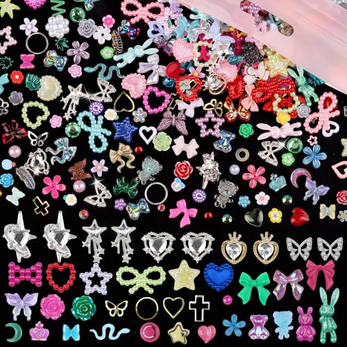 editTime 650pcs Mixed 3D Nail Charms Kit, 12pcs Luxury Metal Nail Rhinestones and 250pcs Resin Butterfly Flower Star Heart Bow Charms with 400pcs Flatback Pearls Rhinestone Metal Gems Charms (Mixed Color) - Image 2
