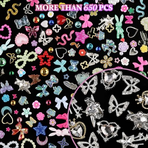 editTime 650pcs Mixed 3D Nail Charms Kit, 12pcs Luxury Metal Nail Rhinestones and 250pcs Resin Butterfly Flower Star Heart Bow Charms with 400pcs Flatback Pearls Rhinestone Metal Gems Charms (Mixed Color) - Image 5