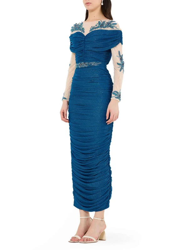 Amri Embroidered Ruche Bardot Dress With Round Neckline And Long Sleeves