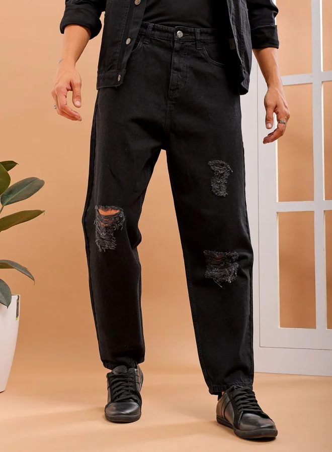 Men Loose Tapered Solid Mid-Rise Jeans