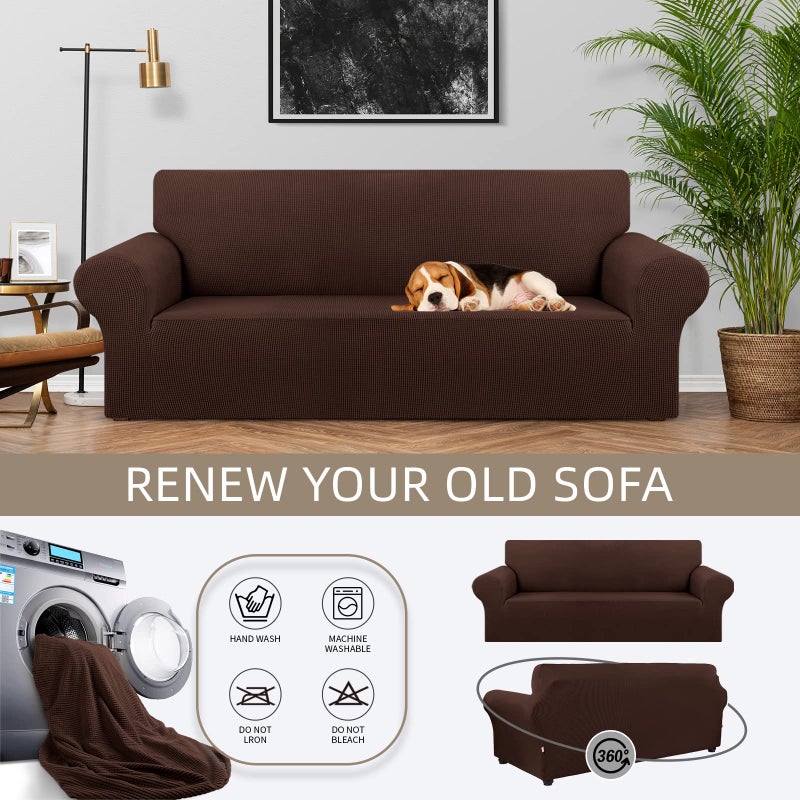 KEKUOU Stretch Sofa Cover Slipcover ï¼ŒCouch Covers for 3 Cushion Couch Sofa pet Friendly (78"-94") Furniture Protector Sofa with Elastic Bottom for Kids,Dog, Jacquard Small Checked(Large,Chocolate) - Image 3