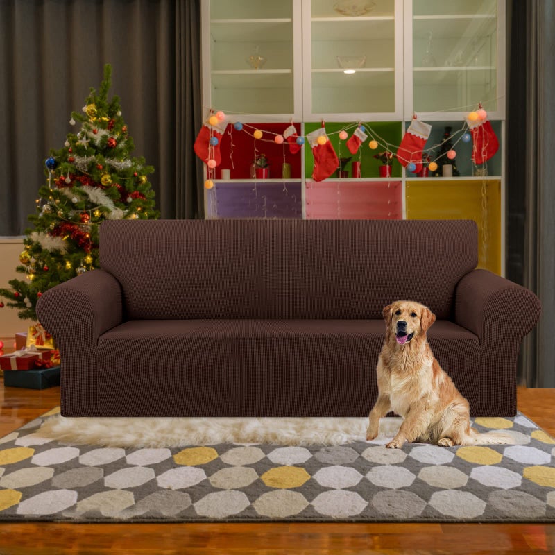 KEKUOU Stretch Sofa Cover Slipcover ï¼ŒCouch Covers for 3 Cushion Couch Sofa pet Friendly (78"-94") Furniture Protector Sofa with Elastic Bottom for Kids,Dog, Jacquard Small Checked(Large,Chocolate) - Image 2