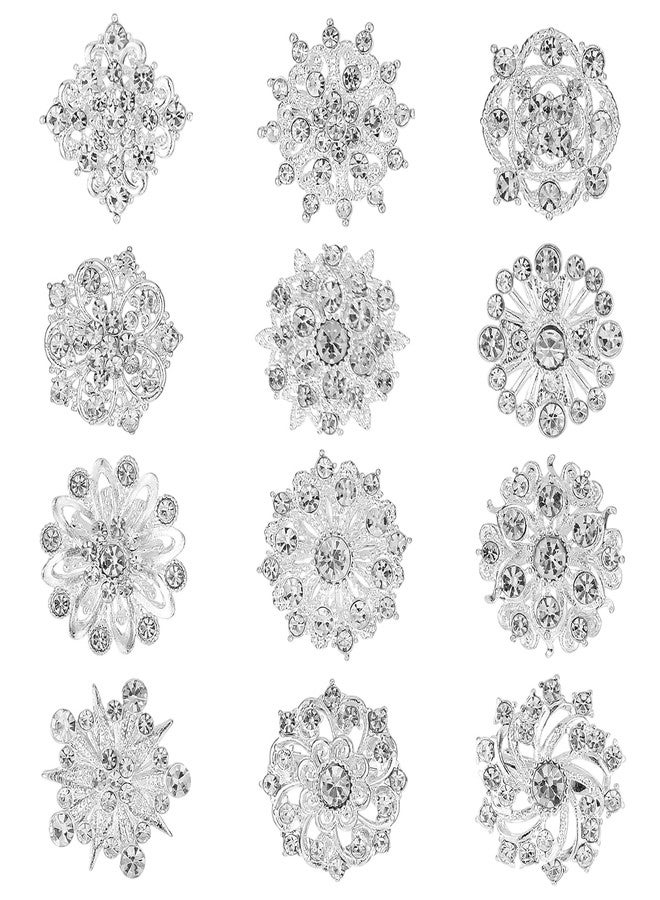 Prasacco 12 Pcs Crystal Rhinestone Flower Brooch Pins Set, Silver Brooch Pins for Women Alloy Wedding Bouquet Brooches for Women Fashion Crafts Embellishment Bridal Wedding Bouquet Kit - Image 1