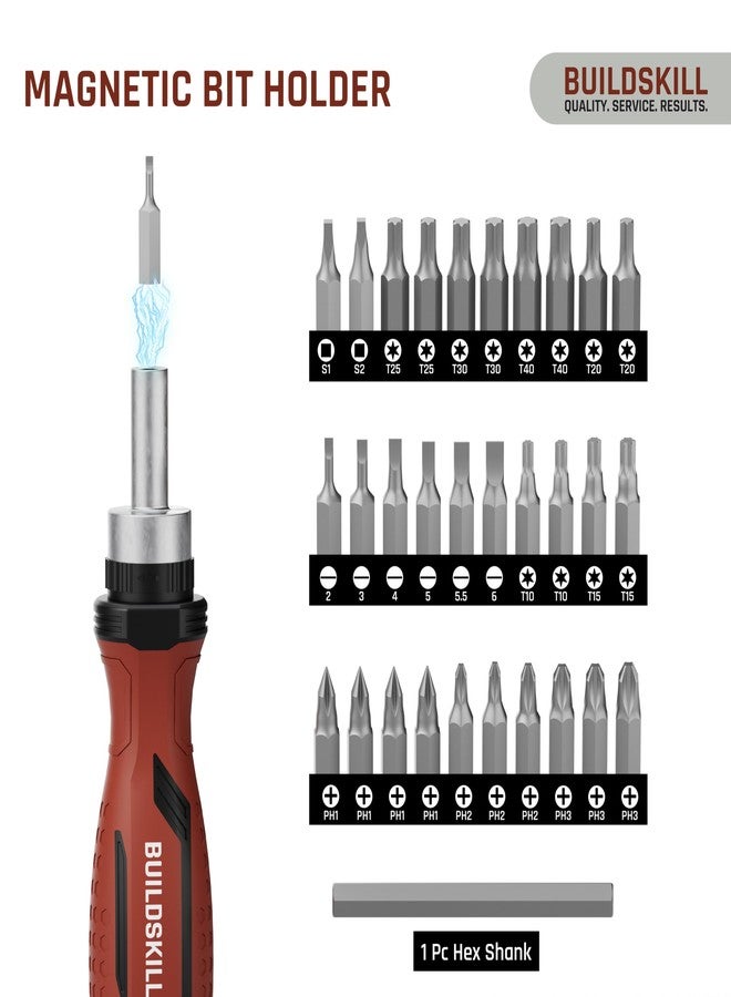 BUILDSKILL 31 Pieces Ratchet Screw Driver Kit | CR-V Bits | Anti-Skid TPR Grip | 30 x Screwdriver Bits | 1 x 75mm HEX Shank | Magnetic Bit Holder | DIY & Professional Screwdriver Set - Image 3