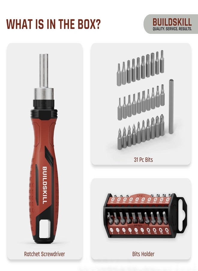 BUILDSKILL 31 Pieces Ratchet Screw Driver Kit | CR-V Bits | Anti-Skid TPR Grip | 30 x Screwdriver Bits | 1 x 75mm HEX Shank | Magnetic Bit Holder | DIY & Professional Screwdriver Set - Image 2