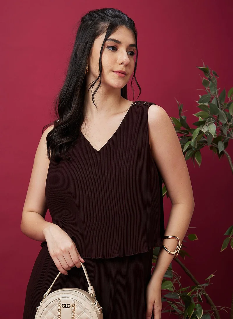 globus Globus Women's Brown Accordian Pleats Party Jumpsuit with V Neck and Metallic Trim
