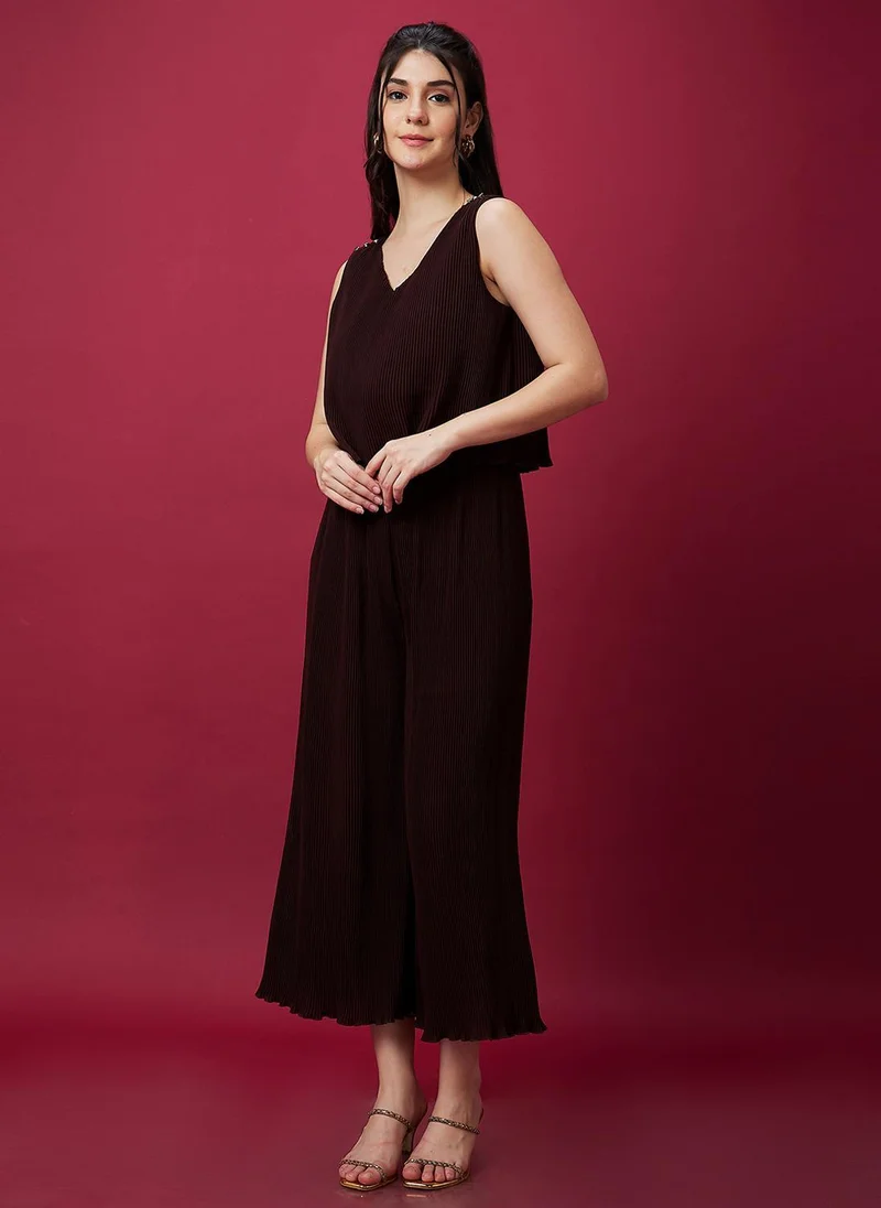 Globus brown Globus Women's Brown Accordian Pleats Party Jumpsuit with V Neck and Metallic Trim for Women | Best Price UAE