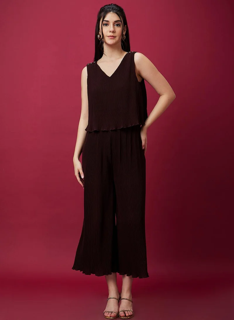 Globus brown Globus Women's Brown Accordian Pleats Party Jumpsuit with V Neck and Metallic Trim for Women | Best Price UAE