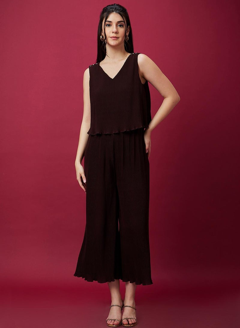Globus Women's Brown Accordian Pleats Party Jumpsuit with V Neck and Metallic Trim - Image 3