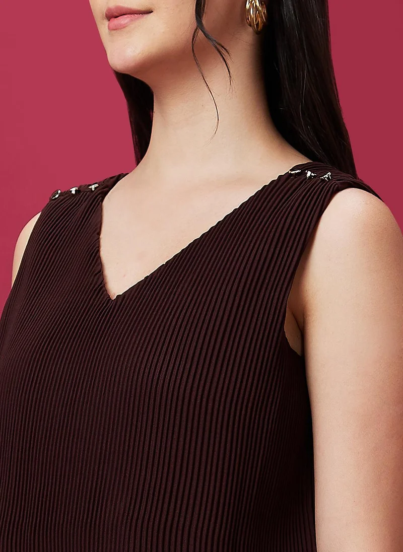 Globus brown Globus Women's Brown Accordian Pleats Party Jumpsuit with V Neck and Metallic Trim for Women | Best Price UAE