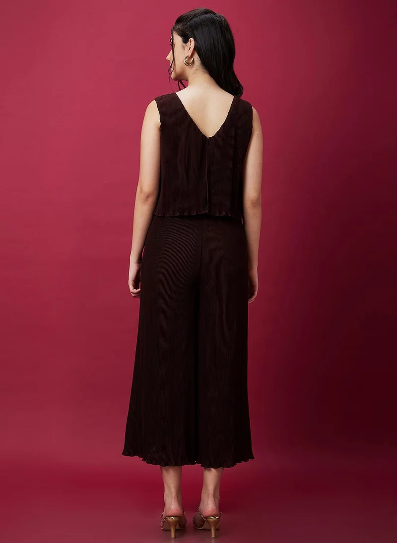 Globus brown Globus Women's Brown Accordian Pleats Party Jumpsuit with V Neck and Metallic Trim for Women | Best Price UAE