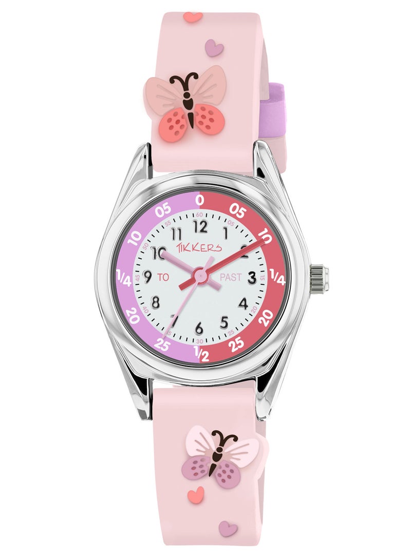 Tikkers Pink Strap Silver Time Teacher Butterfly Watch - Image 1