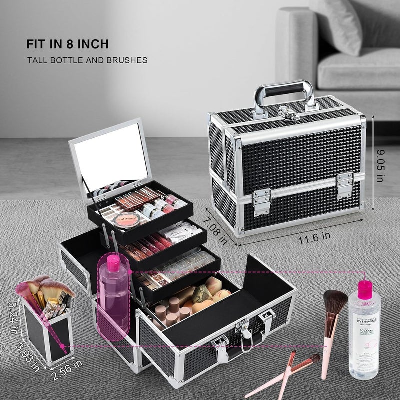 Joligrace Makeup Train Case Makeup Case 3-Tray Cosmetic Box with Mirror, Shine Black, 11.8-in Large Makeup Box with Detachable Brush Holder, Lockable Portable Makeup Travel Organizer Case - Image 2