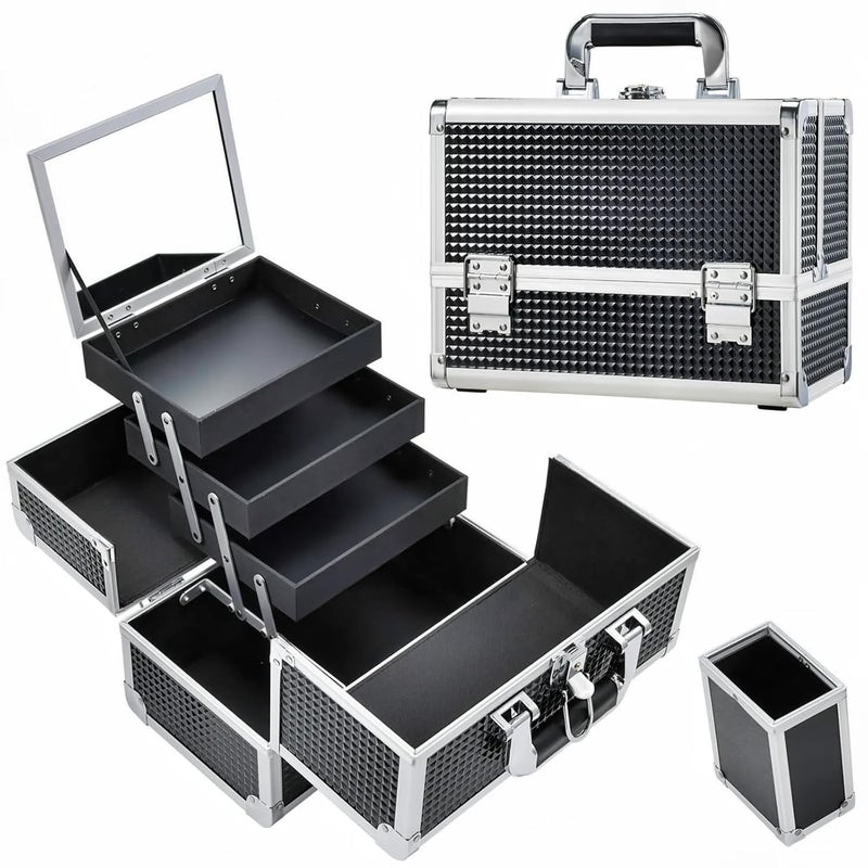 Joligrace Makeup Train Case Makeup Case 3-Tray Cosmetic Box with Mirror, Shine Black, 11.8-in Large Makeup Box with Detachable Brush Holder, Lockable Portable Makeup Travel Organizer Case - Image 1