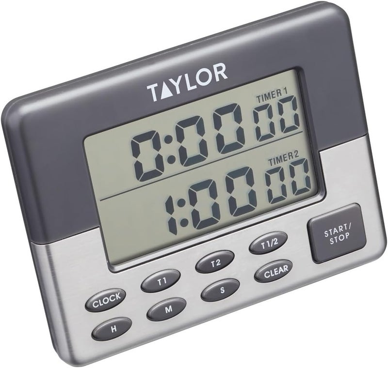Taylor Kitchen Timer, Pro Dual Digital Timer, 24 Hour Timer, Stopwatch and Countdown Function, Grey & Silver - Image 1
