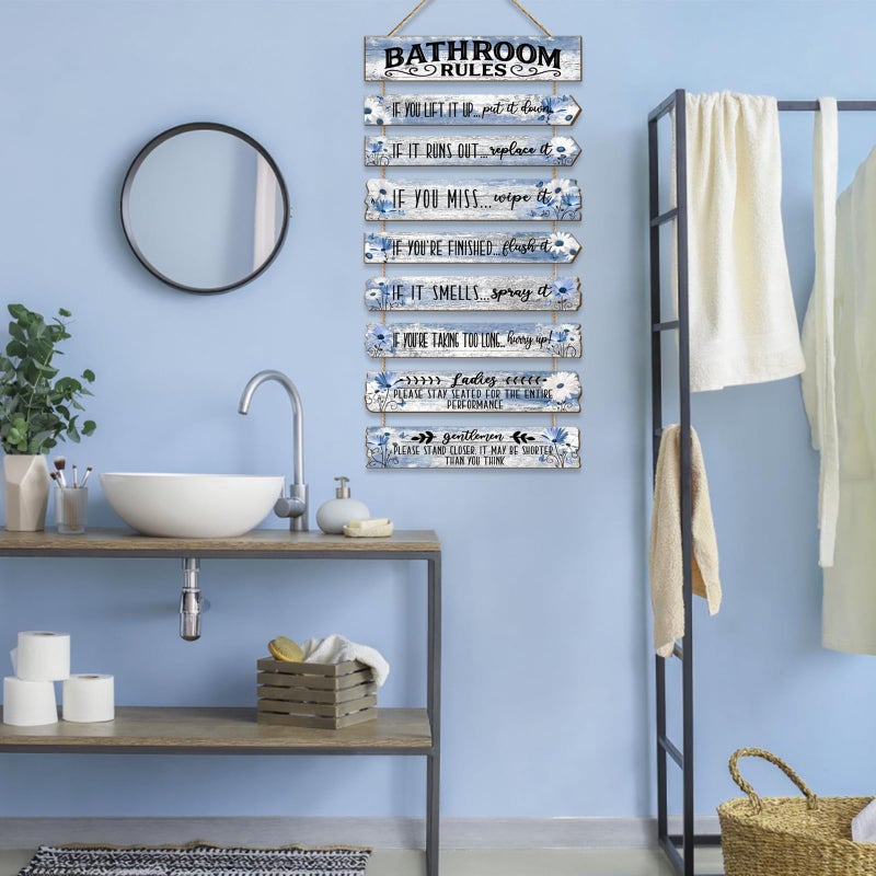 PEKCARGO Bathroom Wall Decor Funny Bathroom Signs Bathroom Rules Pictures Wall Art Decor Rustic Farmhouse Toilet Decor Wooden Sign (Blue Daisy) - Image 4