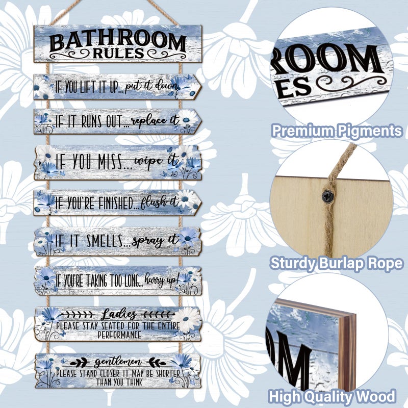 PEKCARGO Bathroom Wall Decor Funny Bathroom Signs Bathroom Rules Pictures Wall Art Decor Rustic Farmhouse Toilet Decor Wooden Sign (Blue Daisy) - Image 3