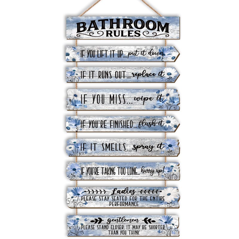 PEKCARGO Bathroom Wall Decor Funny Bathroom Signs Bathroom Rules Pictures Wall Art Decor Rustic Farmhouse Toilet Decor Wooden Sign (Blue Daisy) - Image 1