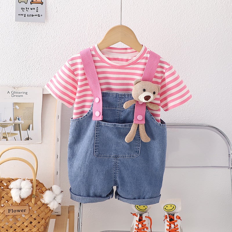 Boys and Girls Summer Denim Strap Two-piece Suit Western Style Cute Baby Summer Short-sleeved Clothes Baby Children Pink - Image 5